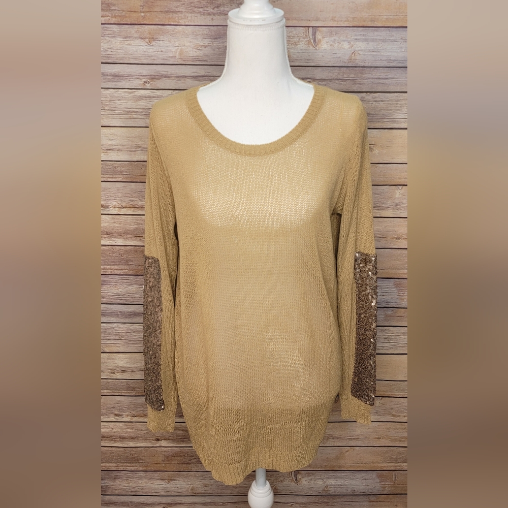 L Love Sheer Knit Sweater with Sequins in Tan - Medium/Large